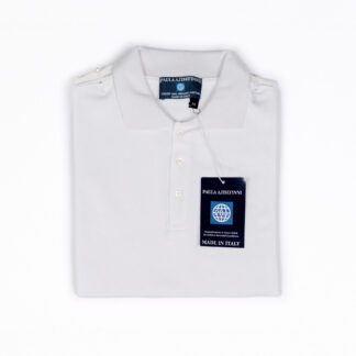 A white polo shirt with a blue tag on it.