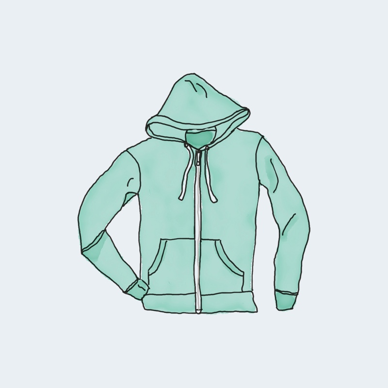 A drawing of a hoodie with a hand on the side.