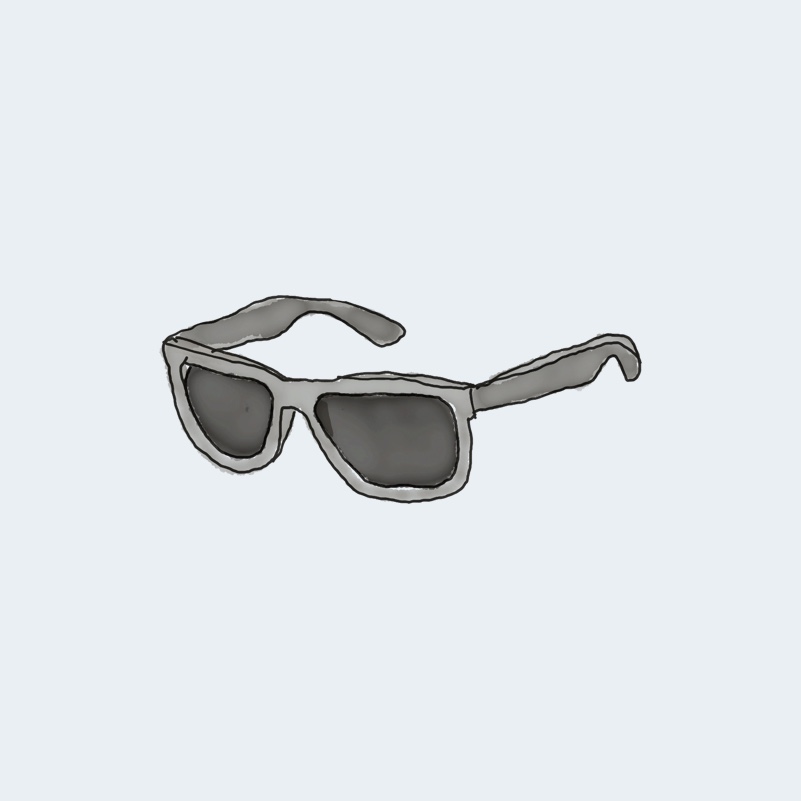 A pair of sunglasses with a gray frame and black lens.